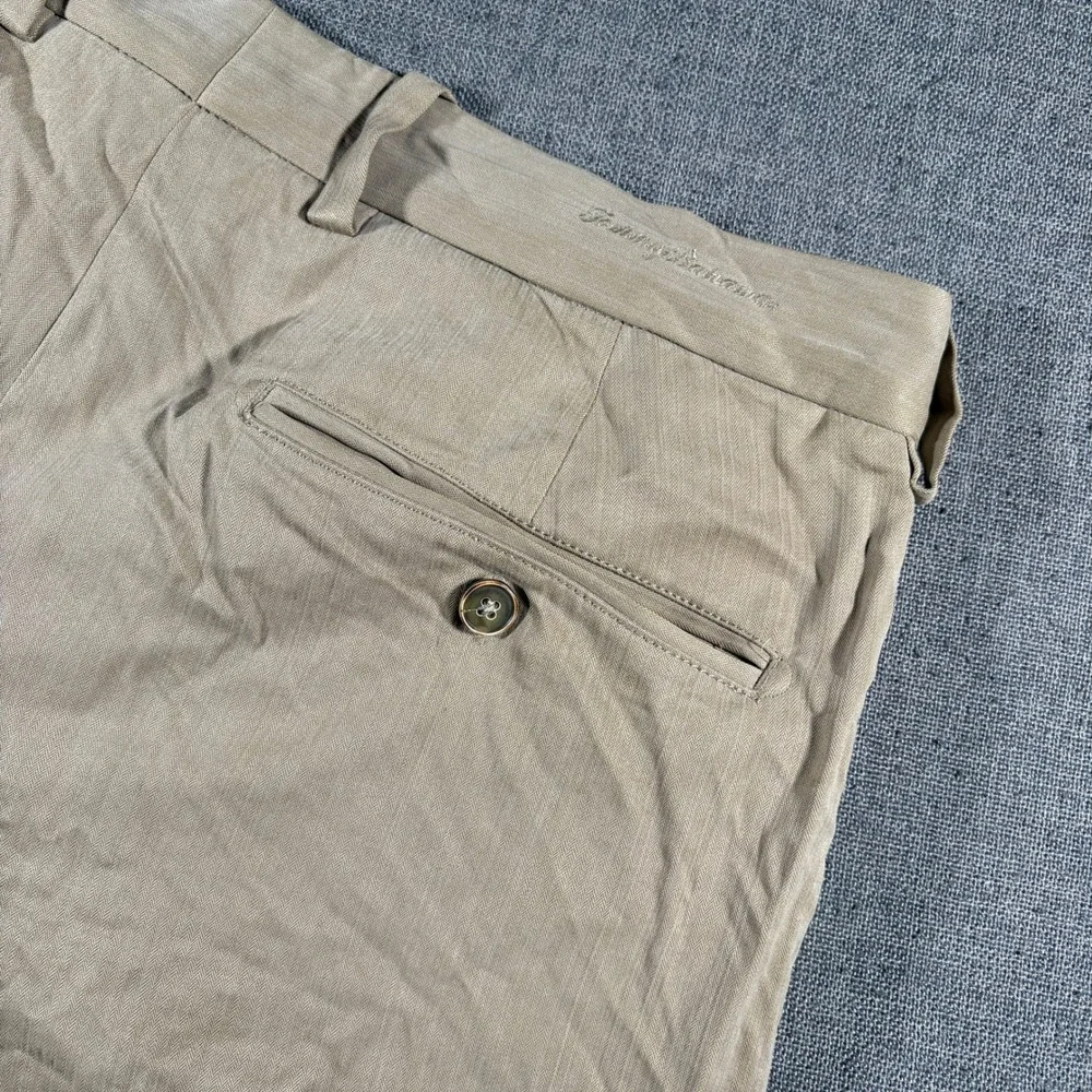 Tommy Bahama Pleated Chino Mens 34x30 Tan Silk Bamboo Cuffed Pants